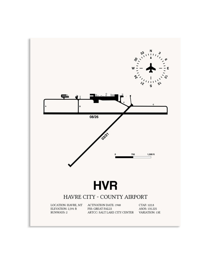 Gray Havre City-County Airport framed poster displayed in an airplane hangar
