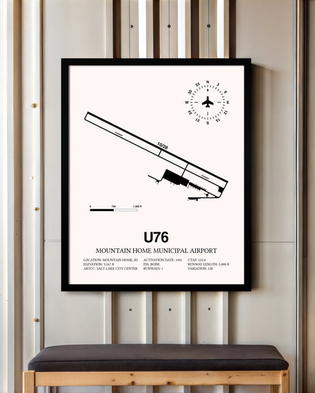 Mountain Home Municipal Airport framed poster displayed in an airplane hangar