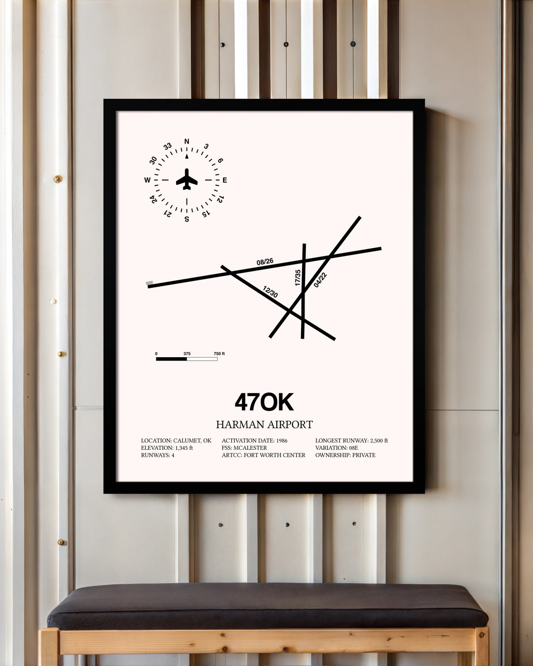 Harman Airport framed poster displayed in an airplane hangar