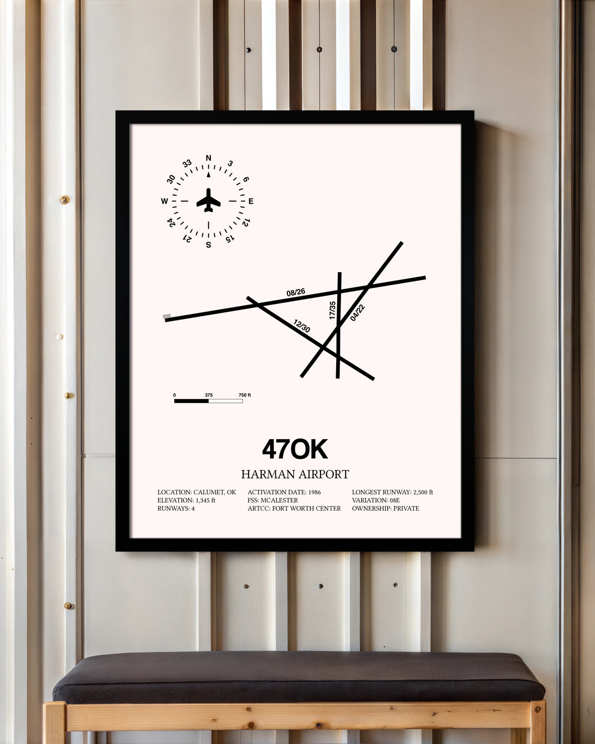 Harman Airport framed poster displayed in an airplane hangar