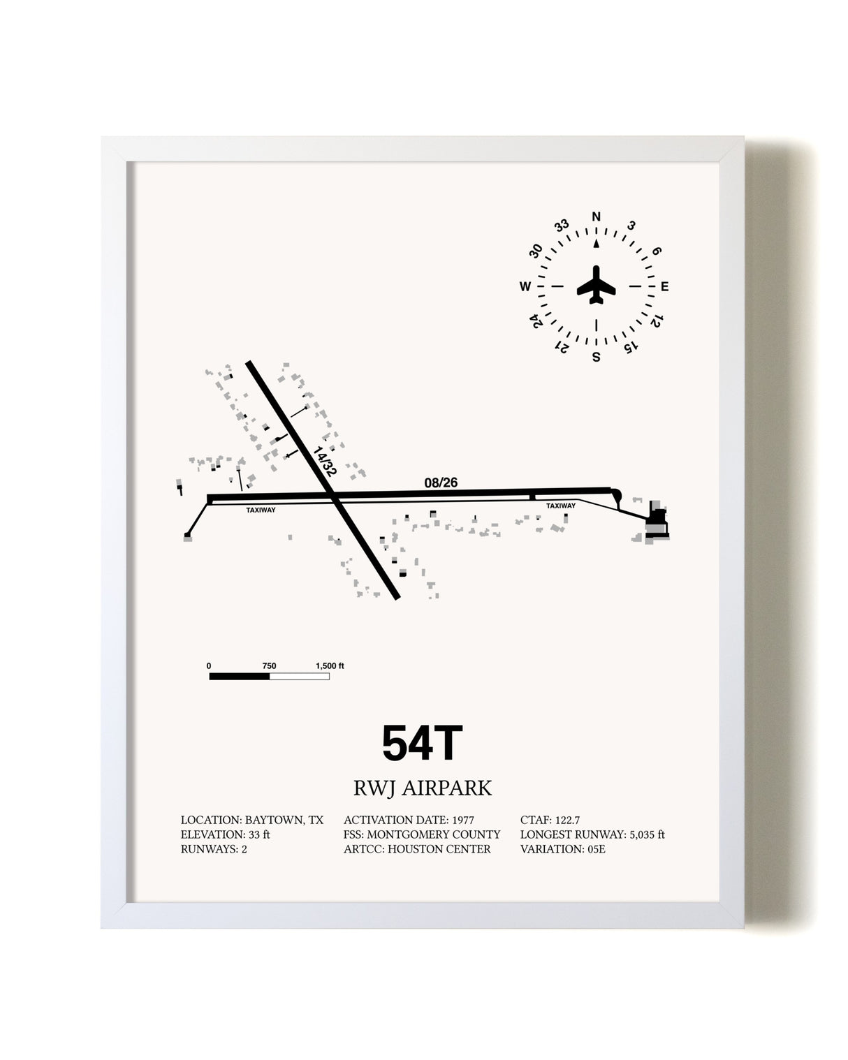RWJ Airpark airport map poster in oak frame