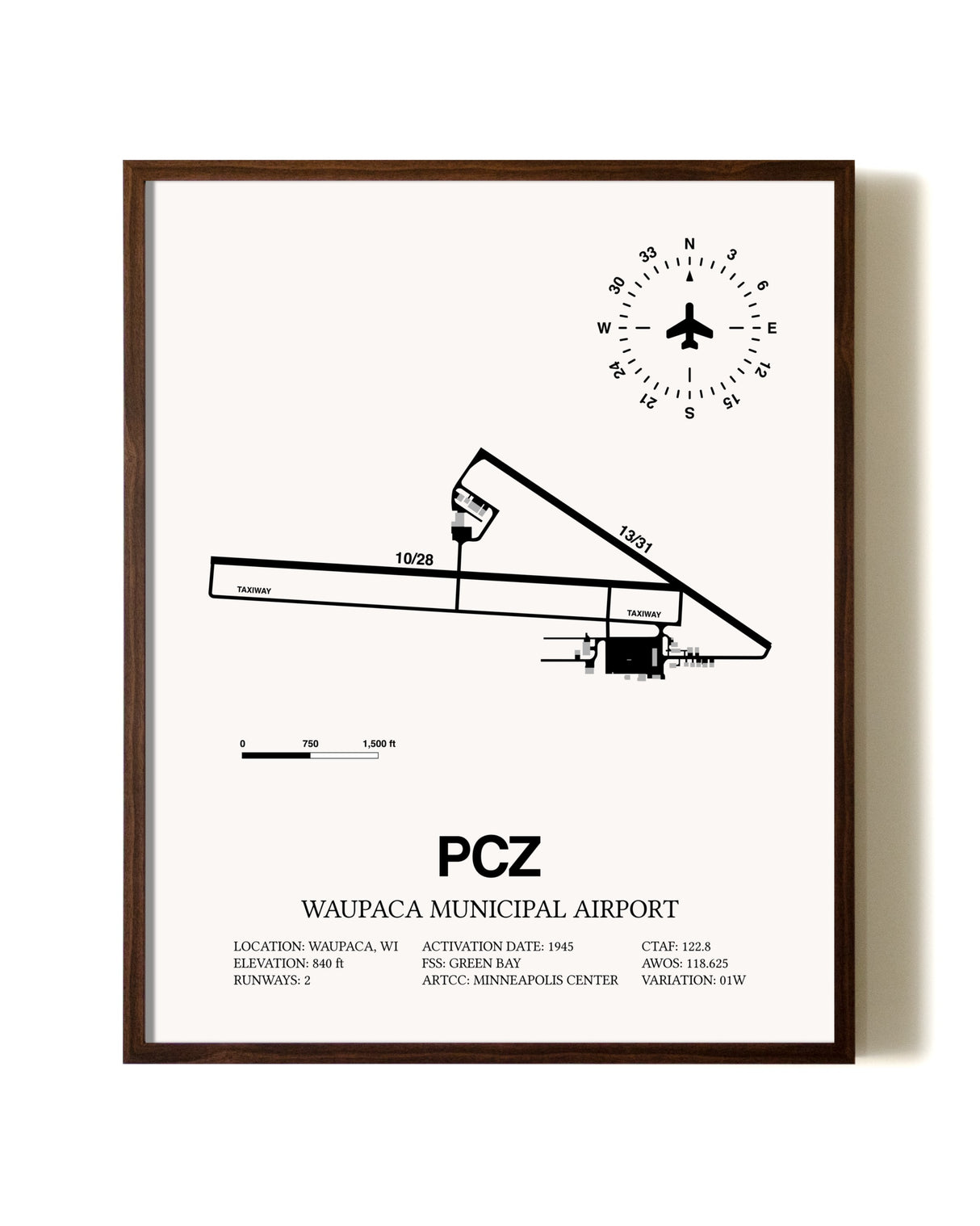 Waupaca Municipal Airport aviation print in walnut frame
