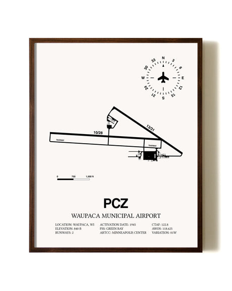 Waupaca Municipal Airport aviation print in walnut frame