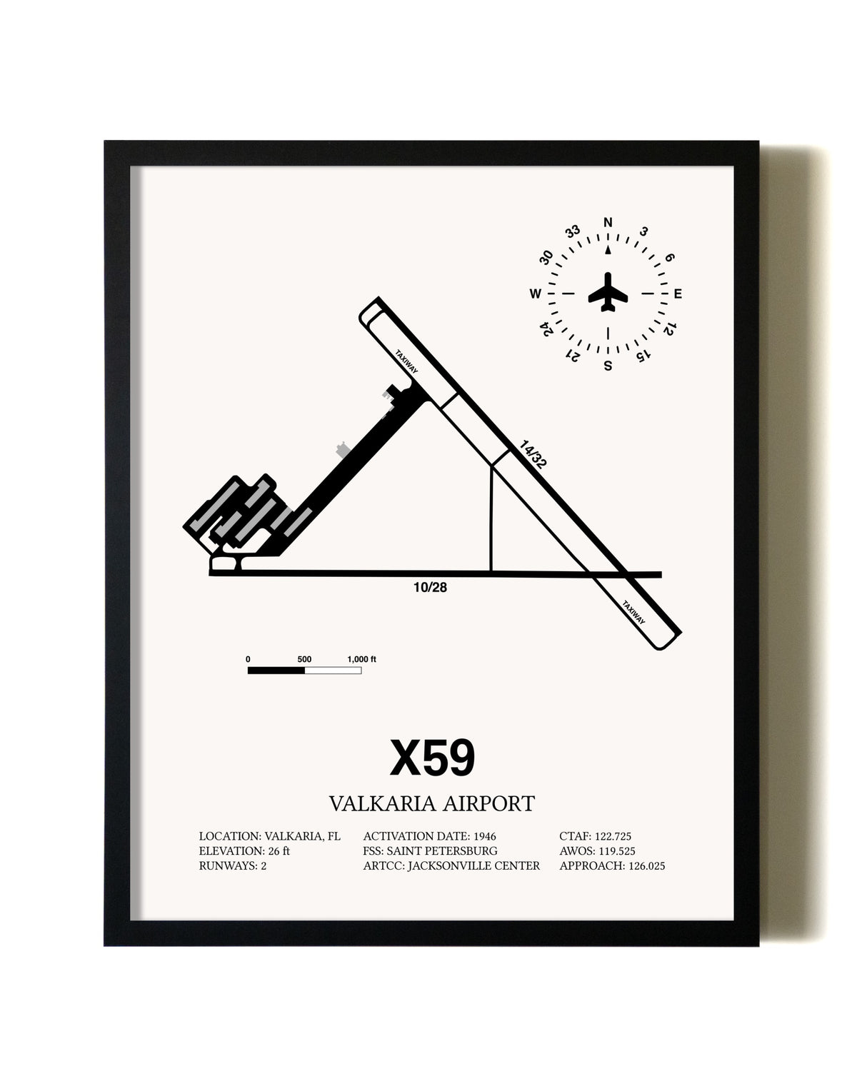 Framed Valkaria Airport wall art poster in black frame