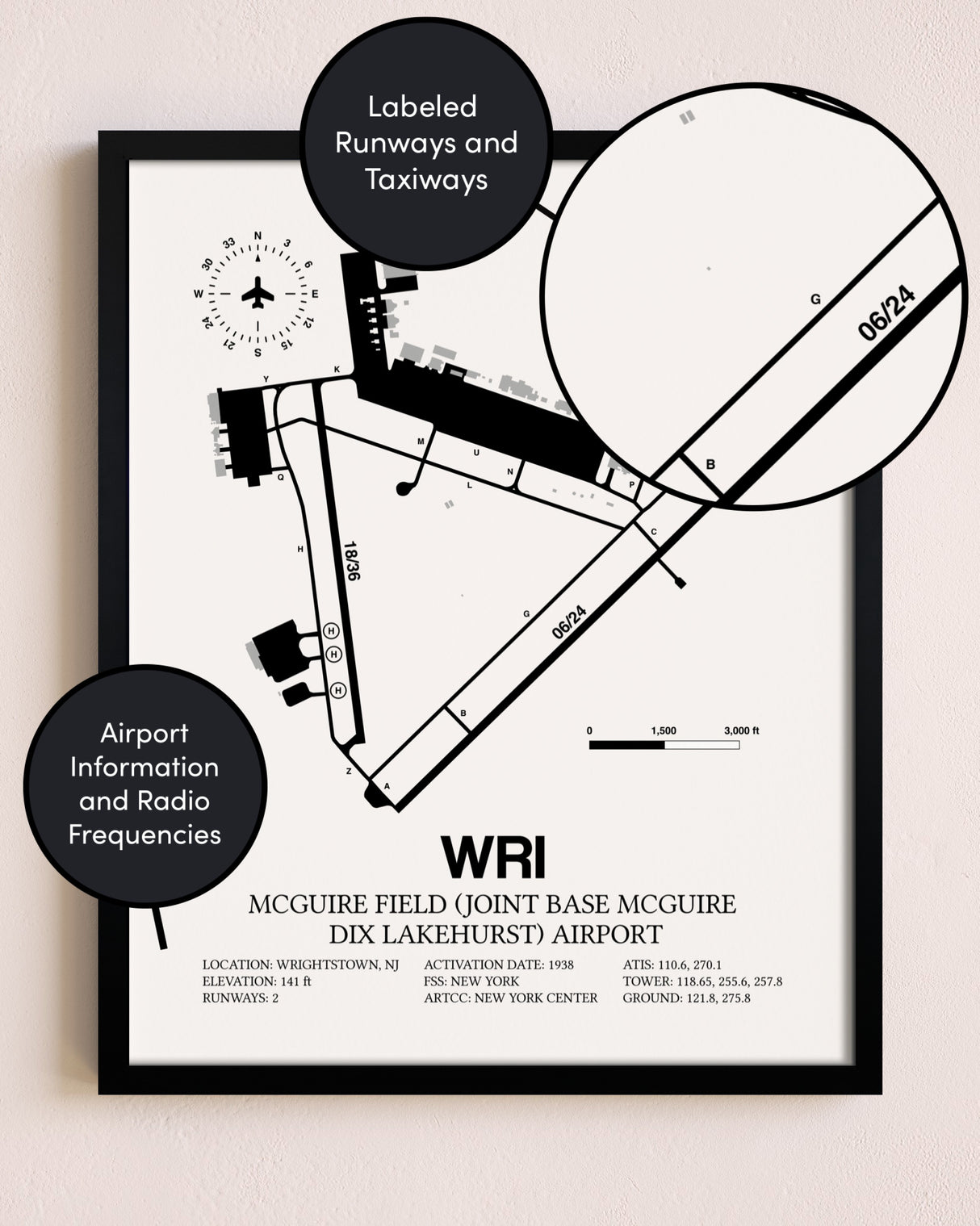 Framed McGuire Field (Joint Base McGuire Dix Lakehurst) Airport layout wall art poster