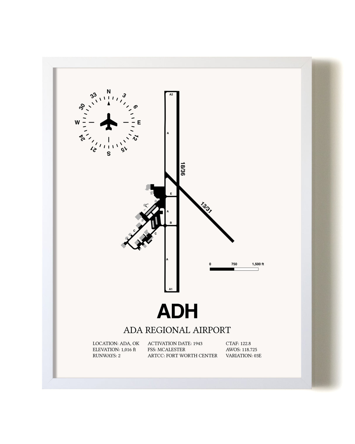 Ada Regional Airport airport map poster in oak frame