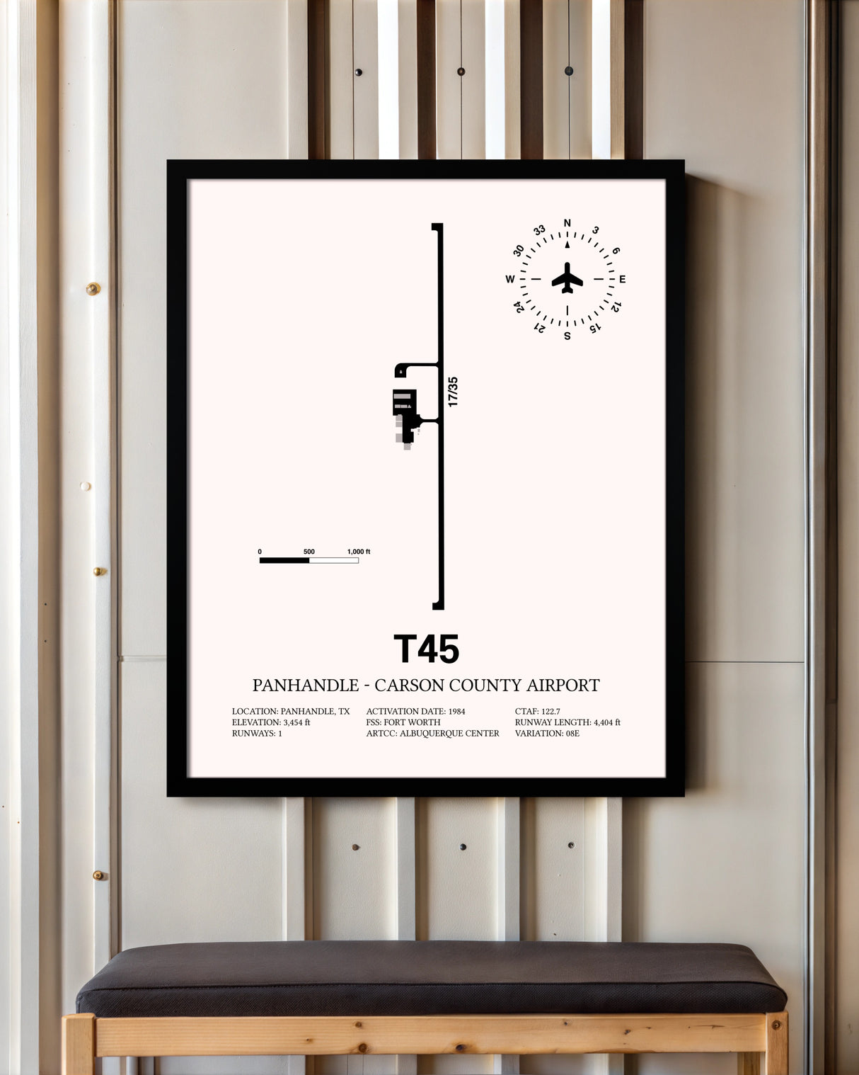Panhandle-Carson County Airport framed poster displayed in an airplane hangar