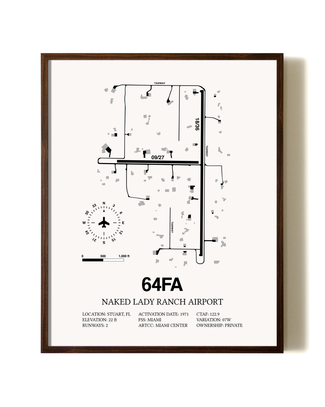 Naked Lady Ranch Airport aviation print in walnut frame