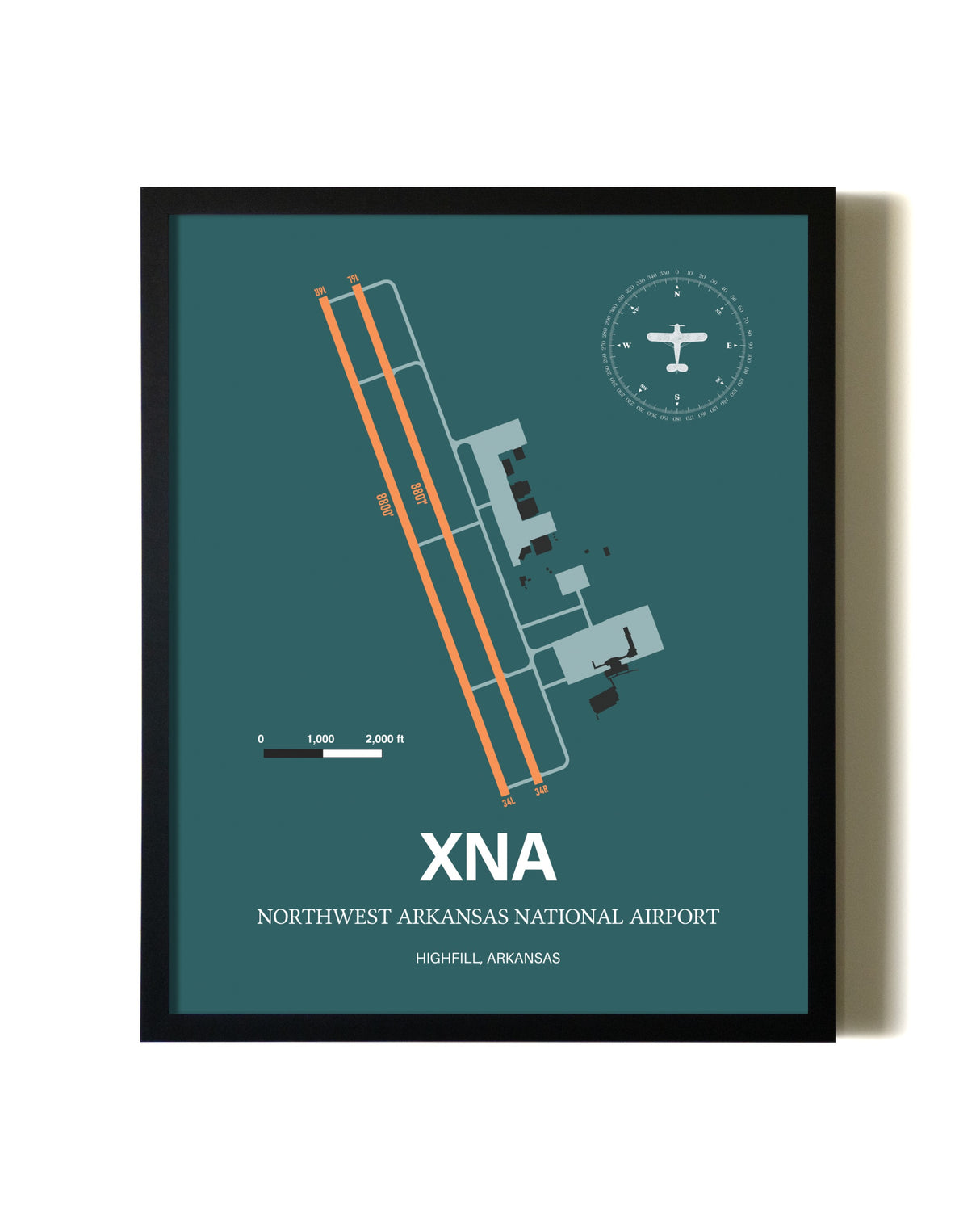 Green Northwest Arkansas National Airport aviation wall décor in black wood frame