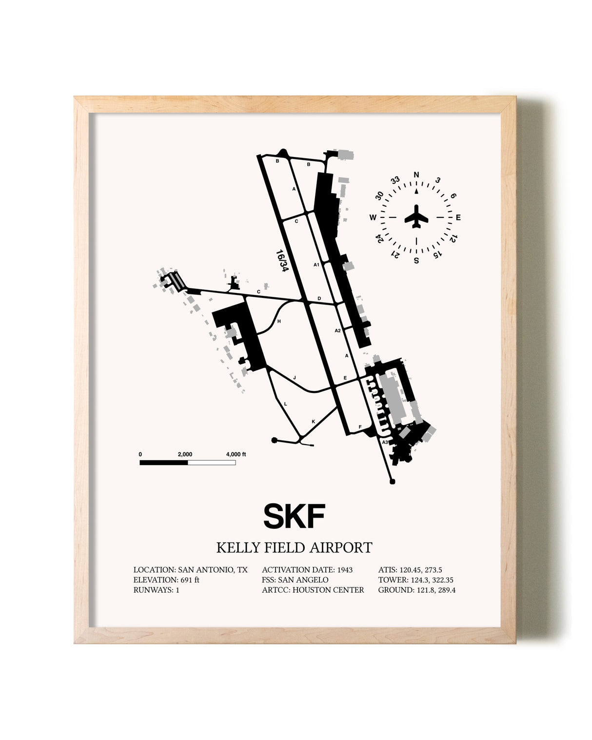 Kelly Field Airport framed wall art in white frame