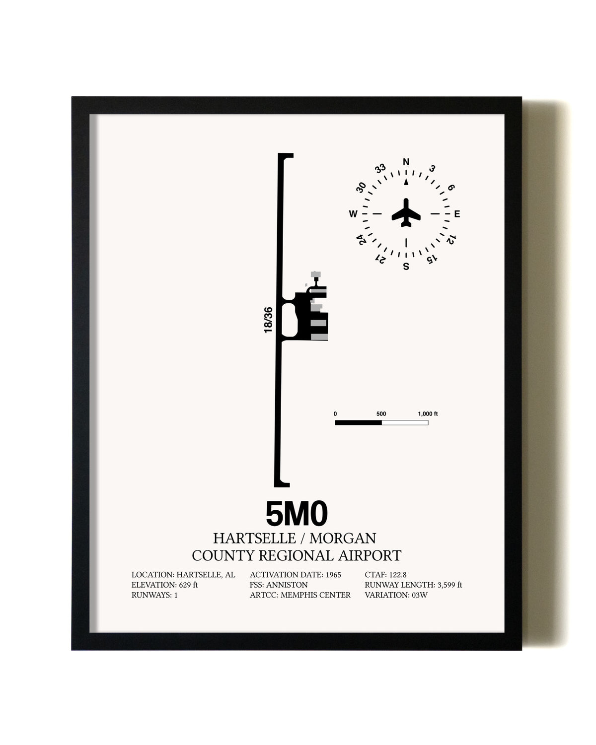 Framed Hartselle / Morgan County Regional Airport wall art poster in black frame