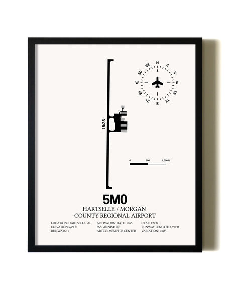 Framed Hartselle / Morgan County Regional Airport wall art poster in black frame