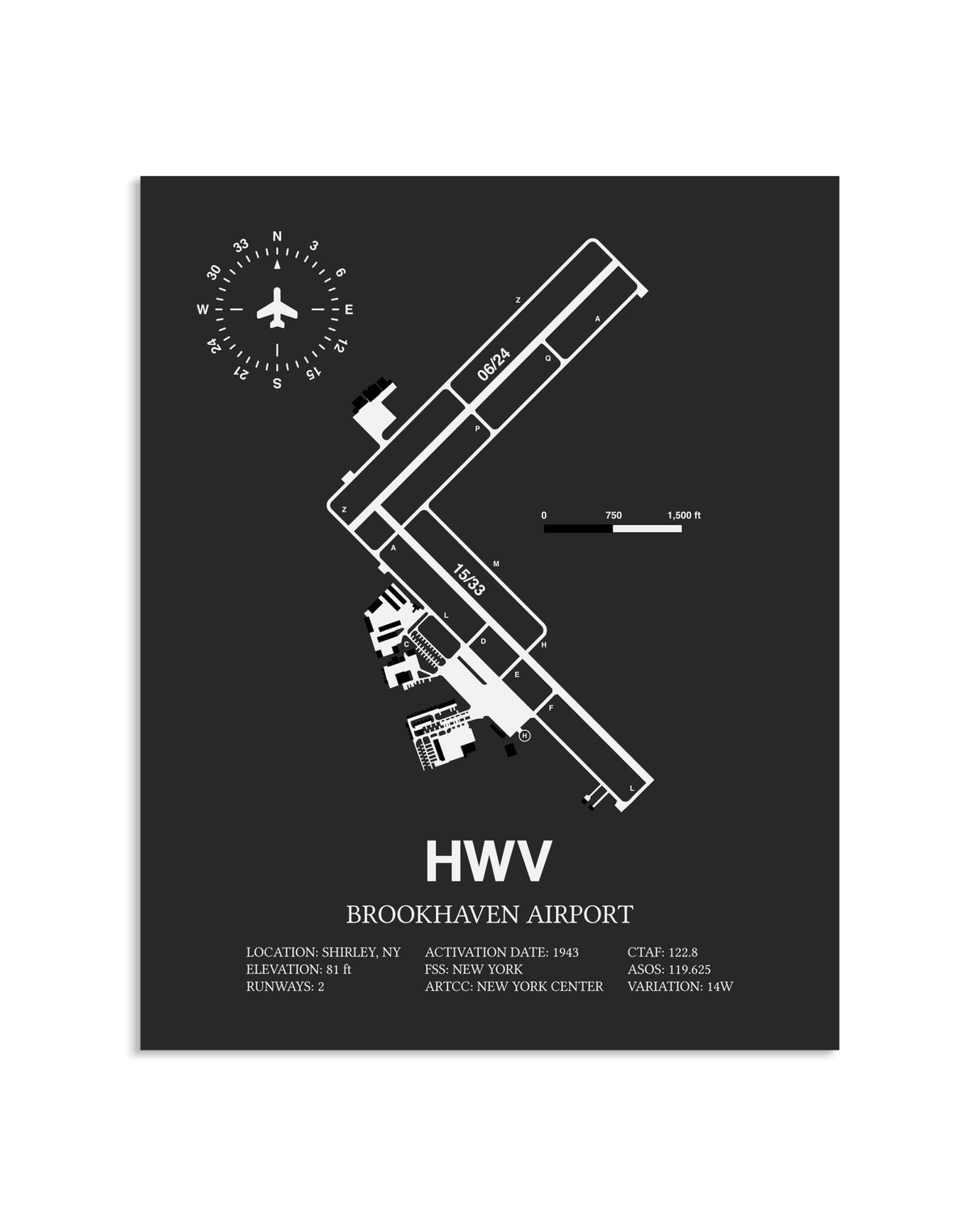 Gray Framed Brookhaven Airport layout wall art poster