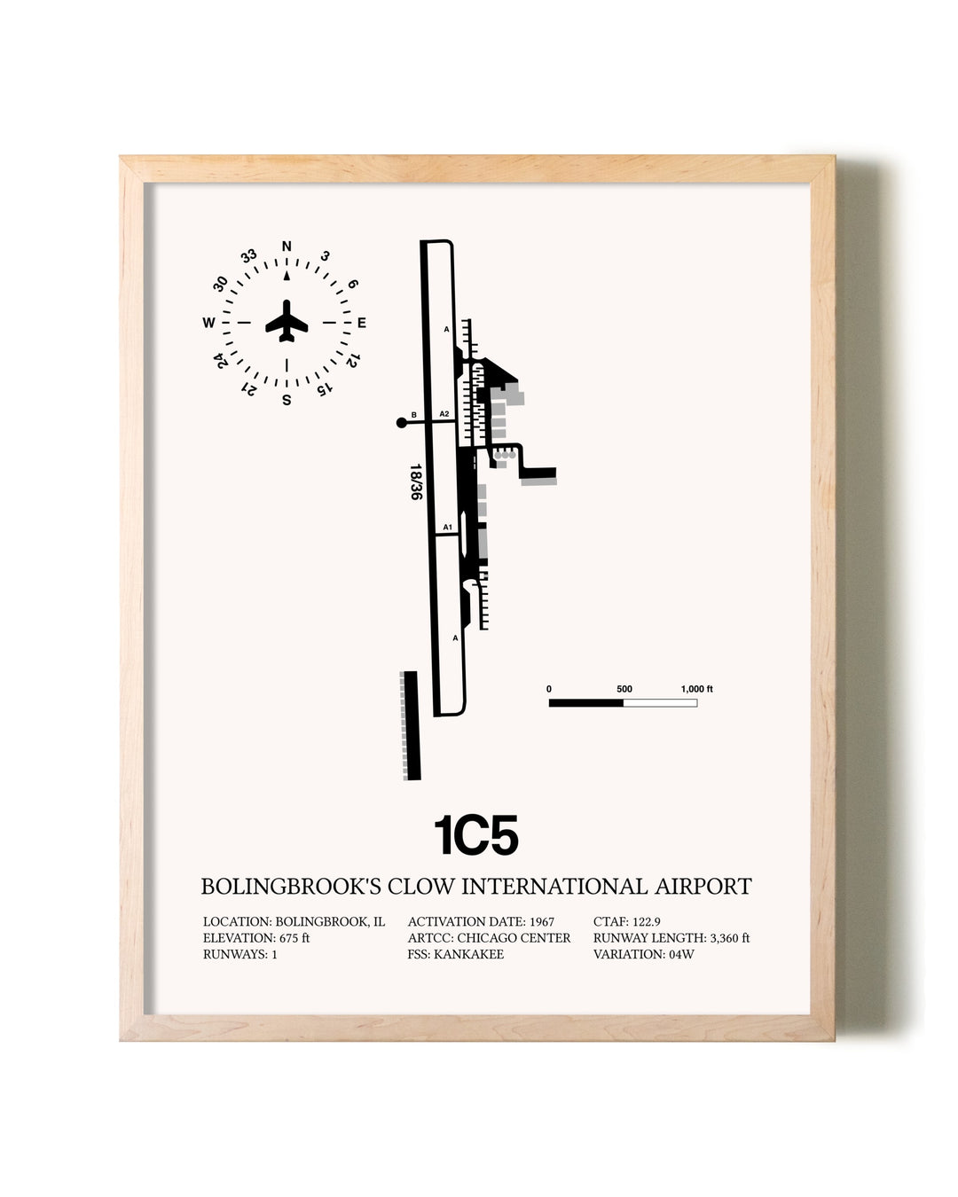 Bolingbrook's Clow International Airport framed wall art in white frame
