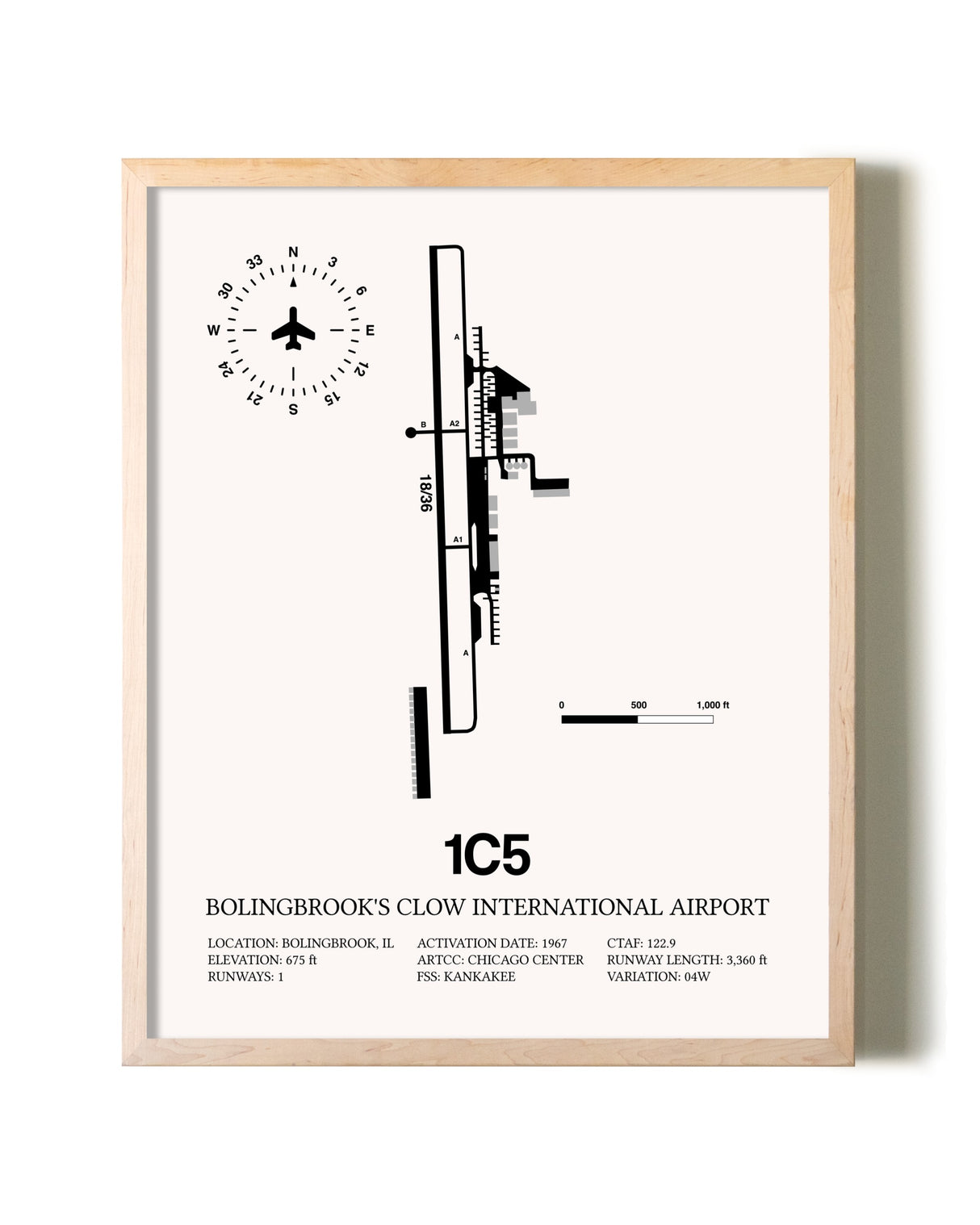 Bolingbrook's Clow International Airport framed wall art in white frame