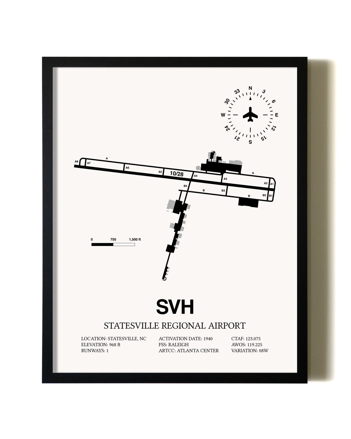 Framed Statesville Regional Airport wall art poster in black frame