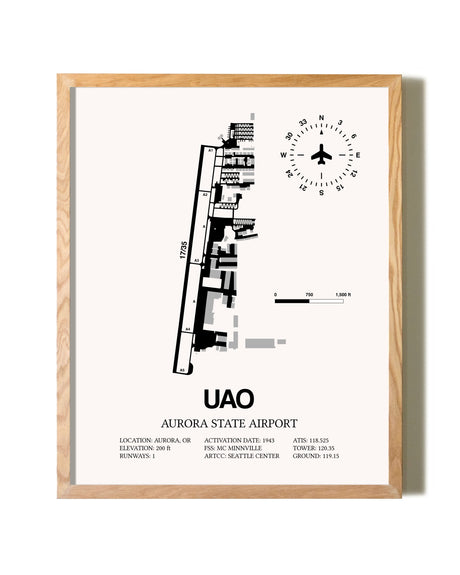 Aurora State Airport framed print in natural wood frame