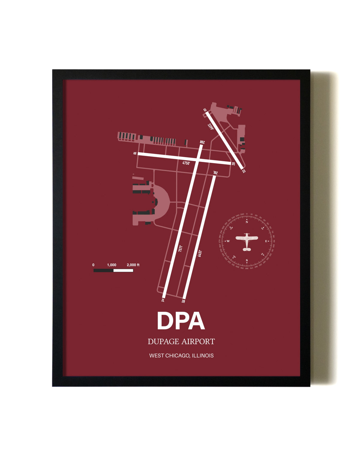 Red Framed DuPage Airport wall art poster in black frame
