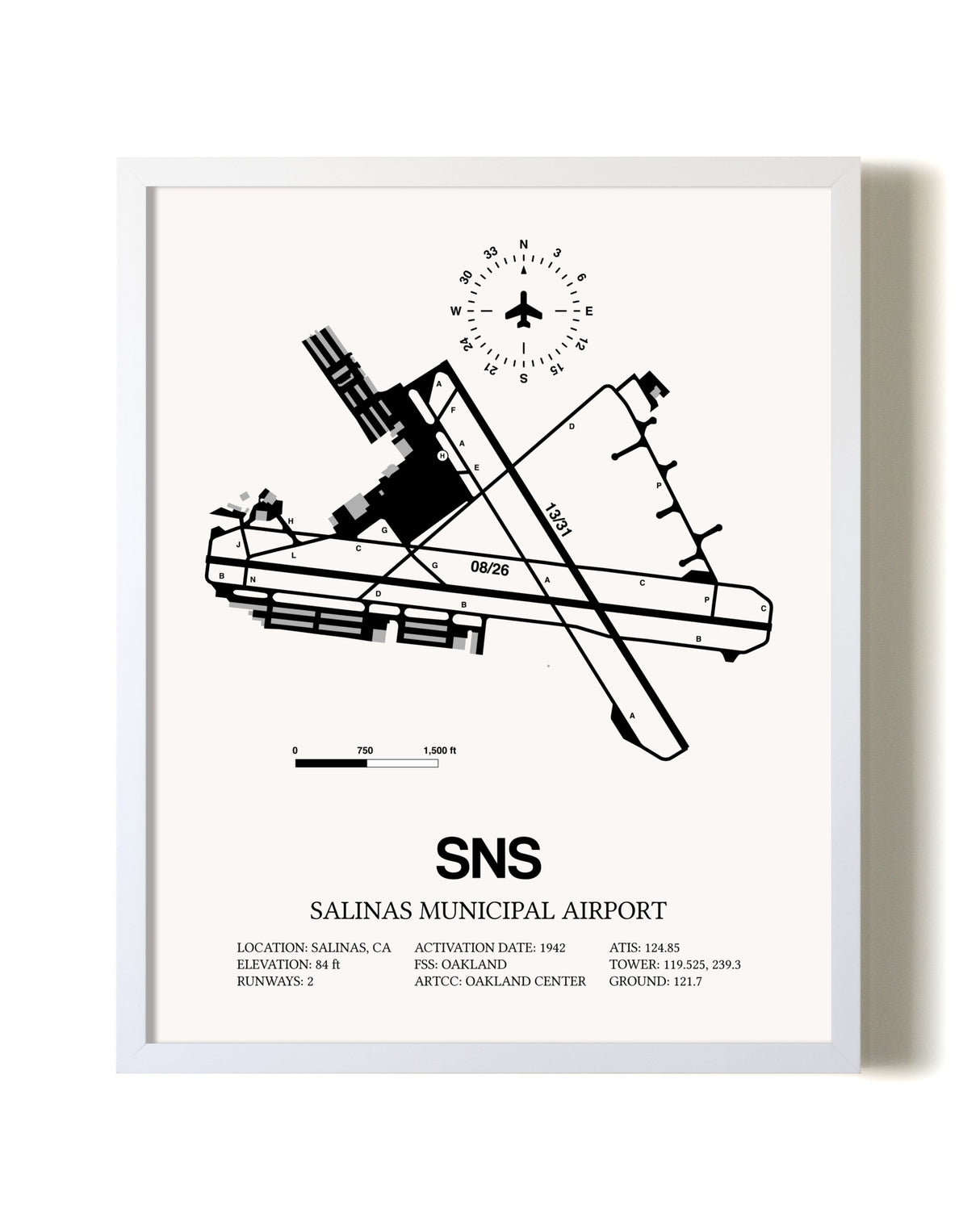 Salinas Municipal Airport airport map poster in oak frame