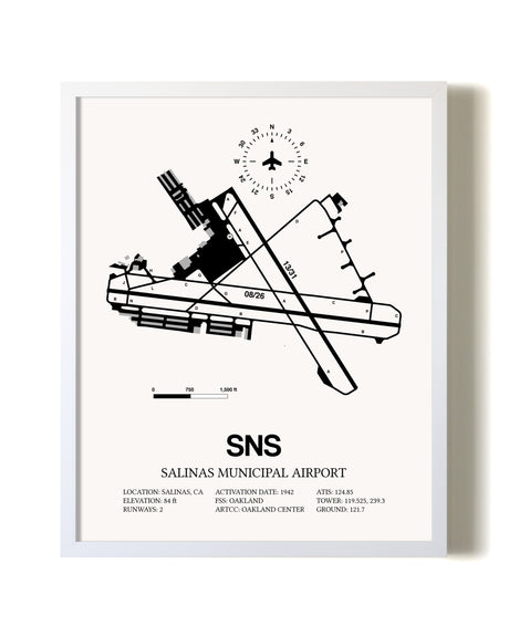 Salinas Municipal Airport airport map poster in oak frame