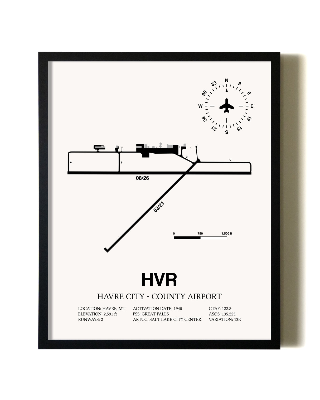 Framed Havre City-County Airport wall art poster in black frame