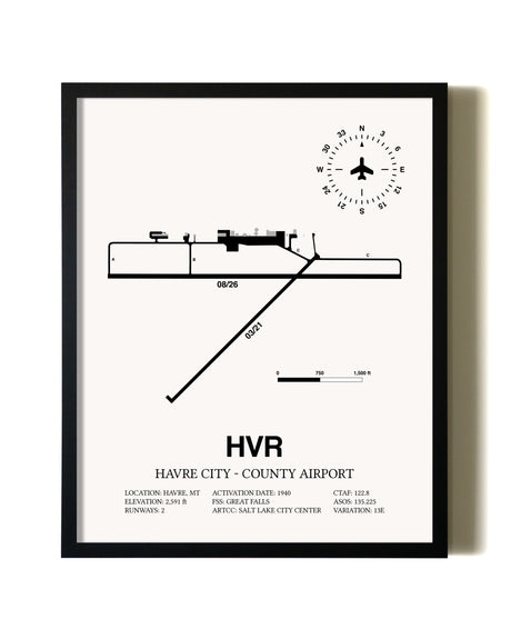 Framed Havre City-County Airport wall art poster in black frame