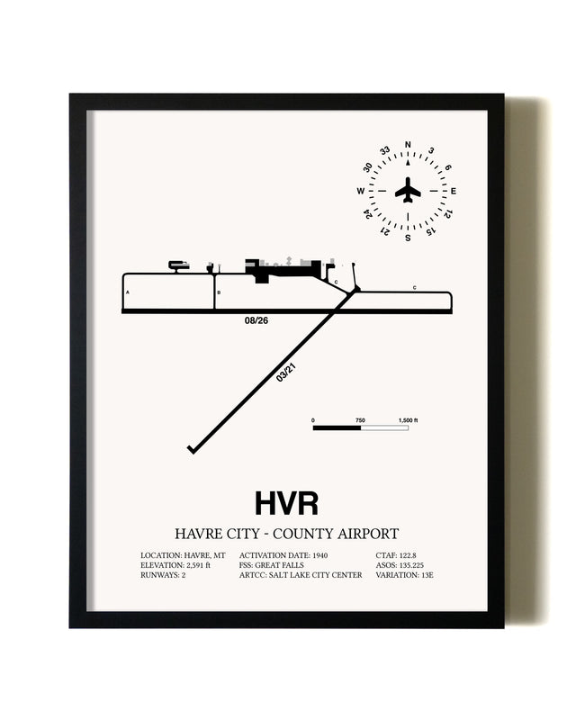 Framed Havre City-County Airport wall art poster in black frame