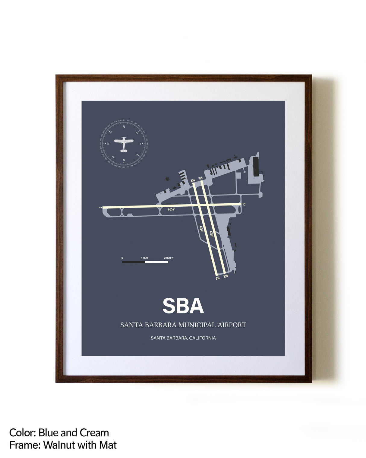 Santa Barbara Municipal Airport aviation print in walnut frame with mat