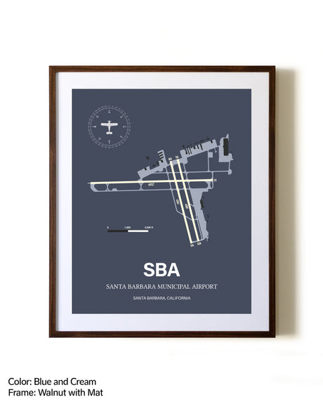 Santa Barbara Municipal Airport aviation print in walnut frame with mat