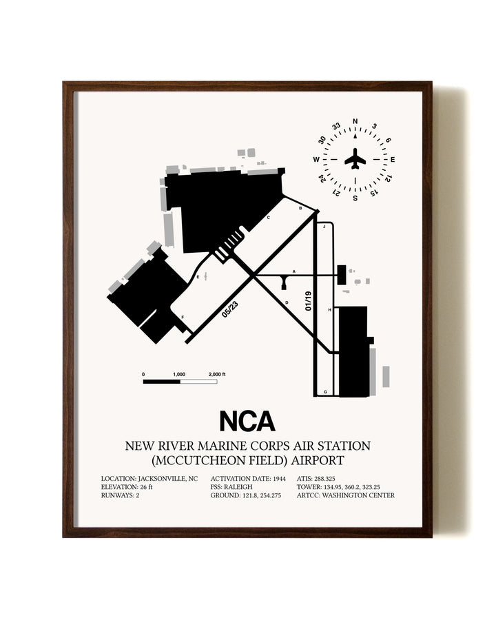 New River Marine Corps Air Station (McCutcheon Field) Airport aviation print in walnut frame