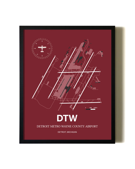 Red Framed Detroit Metro Wayne County Airport wall art poster in black frame