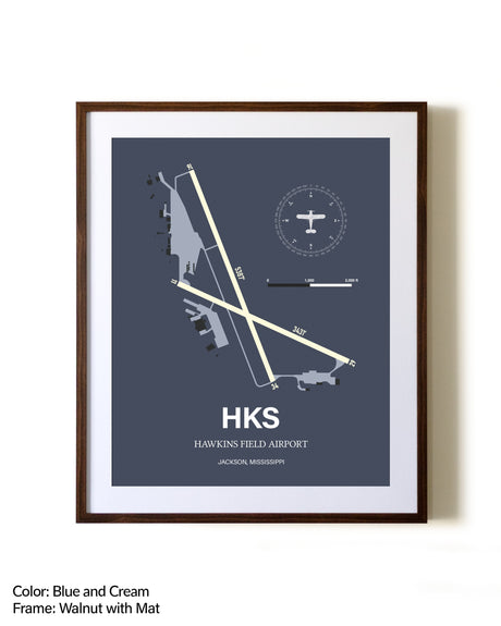 Hawkins Field Airport aviation print in walnut frame with mat