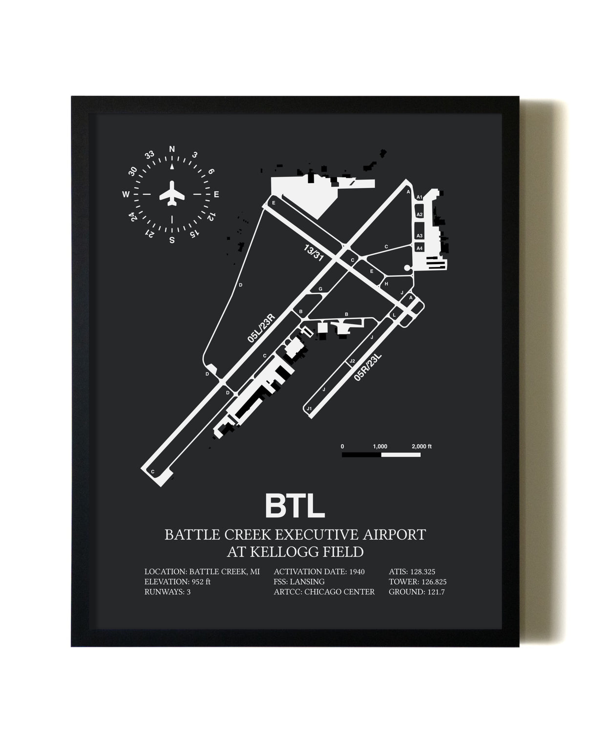 Unframed Battle Creek Executive Airport At Kellogg Field map print poster