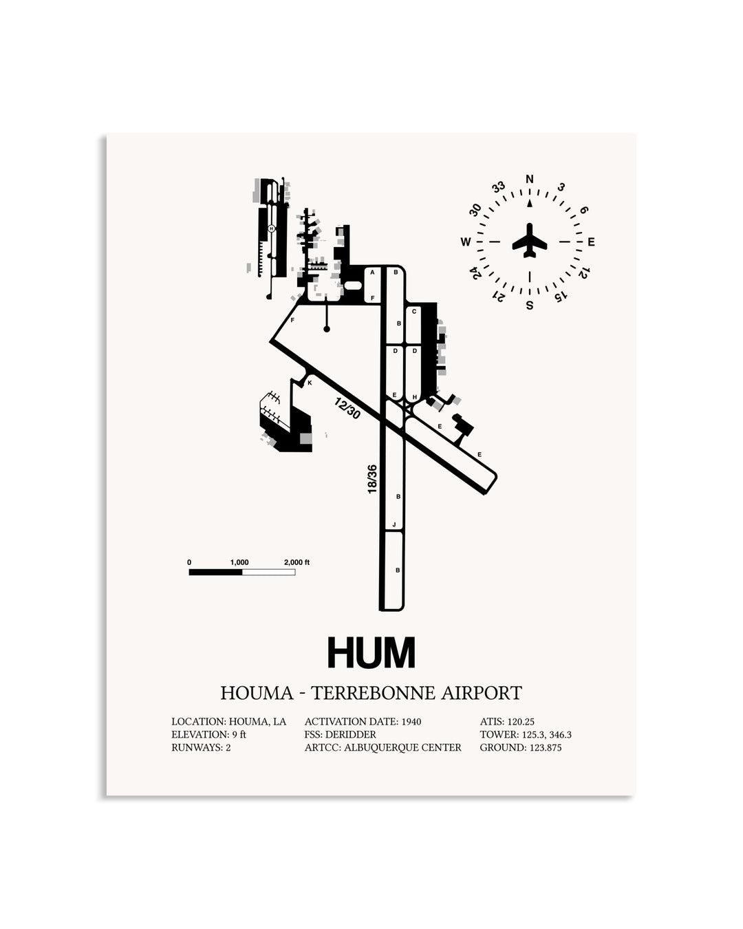 Gray Houma-Terrebonne Airport framed poster displayed in an airplane hangar