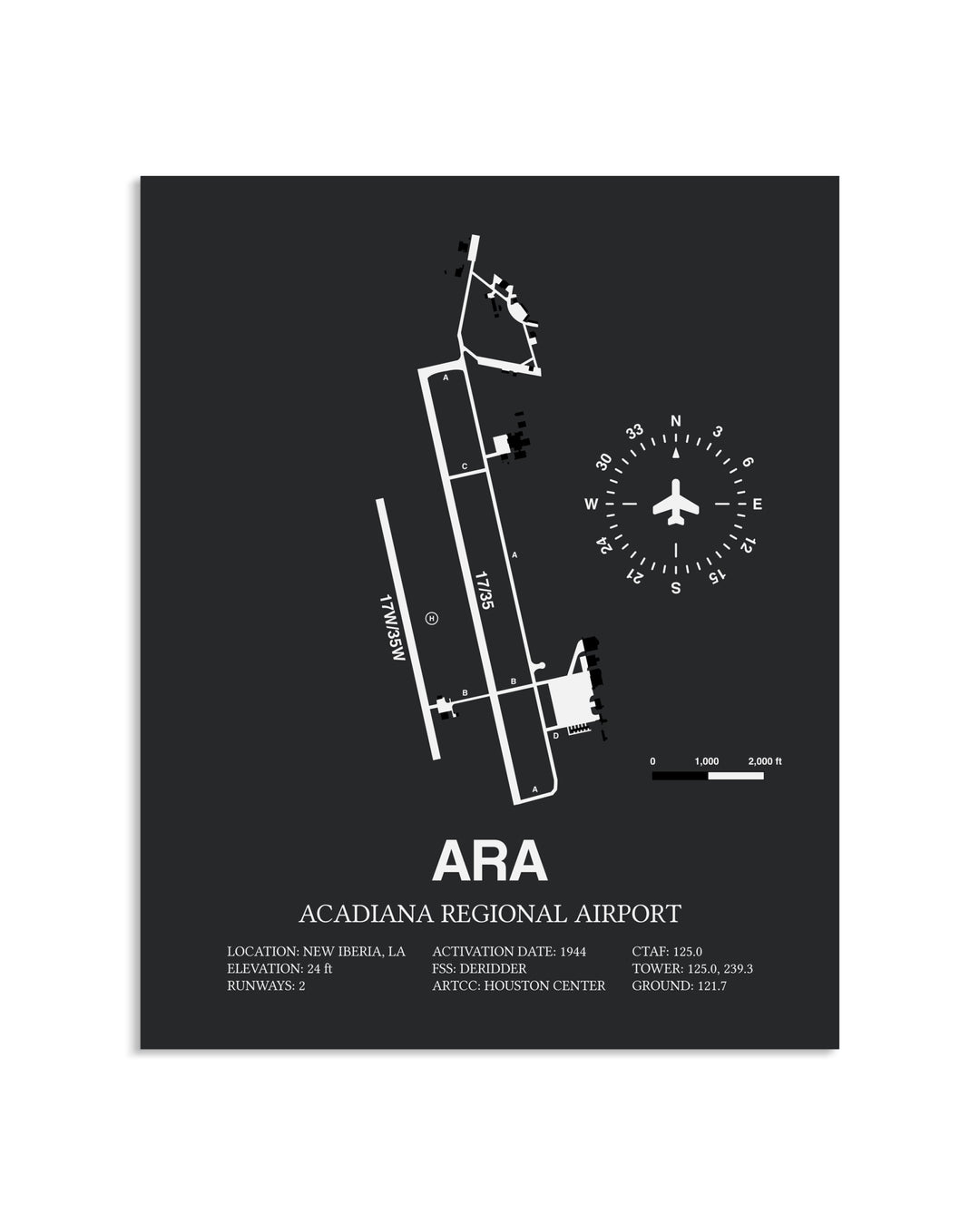 Gray Framed Acadiana Regional Airport layout wall art poster