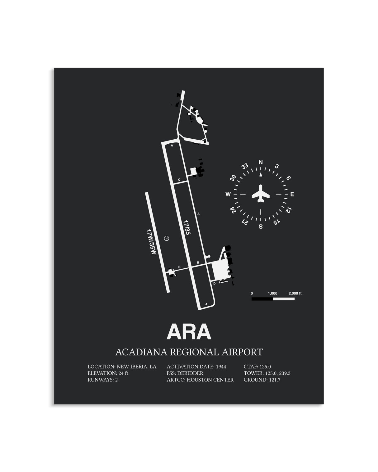 Gray Framed Acadiana Regional Airport layout wall art poster
