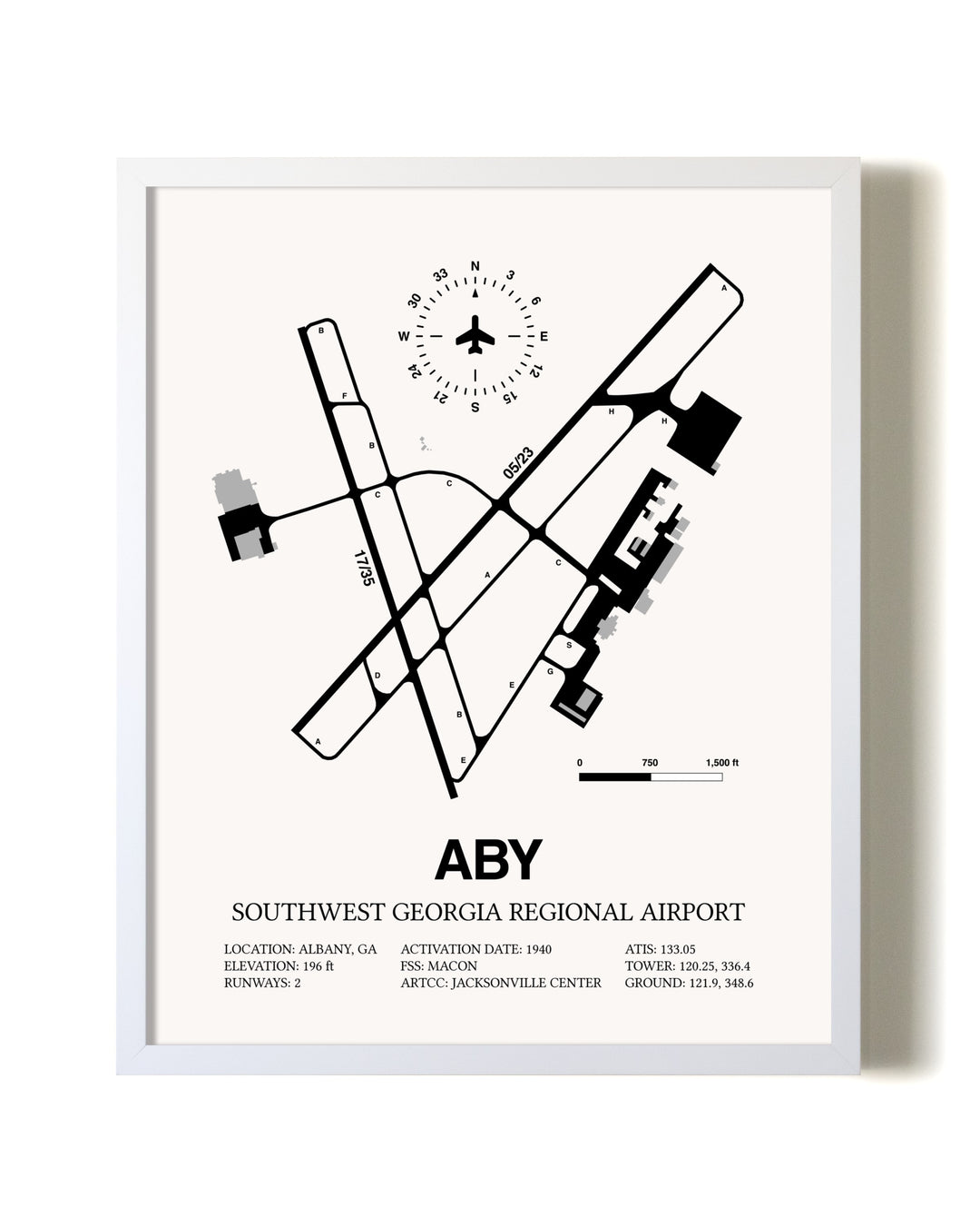 Southwest Georgia Regional Airport airport map poster in oak frame