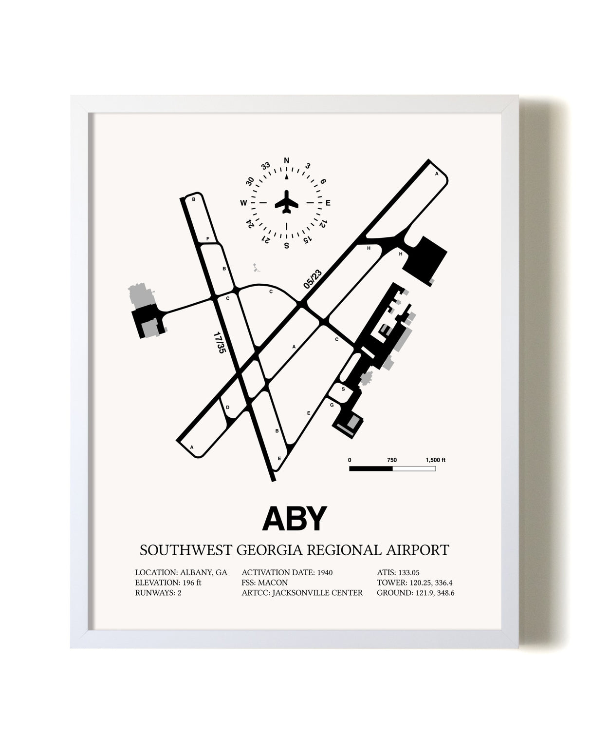 Southwest Georgia Regional Airport airport map poster in oak frame