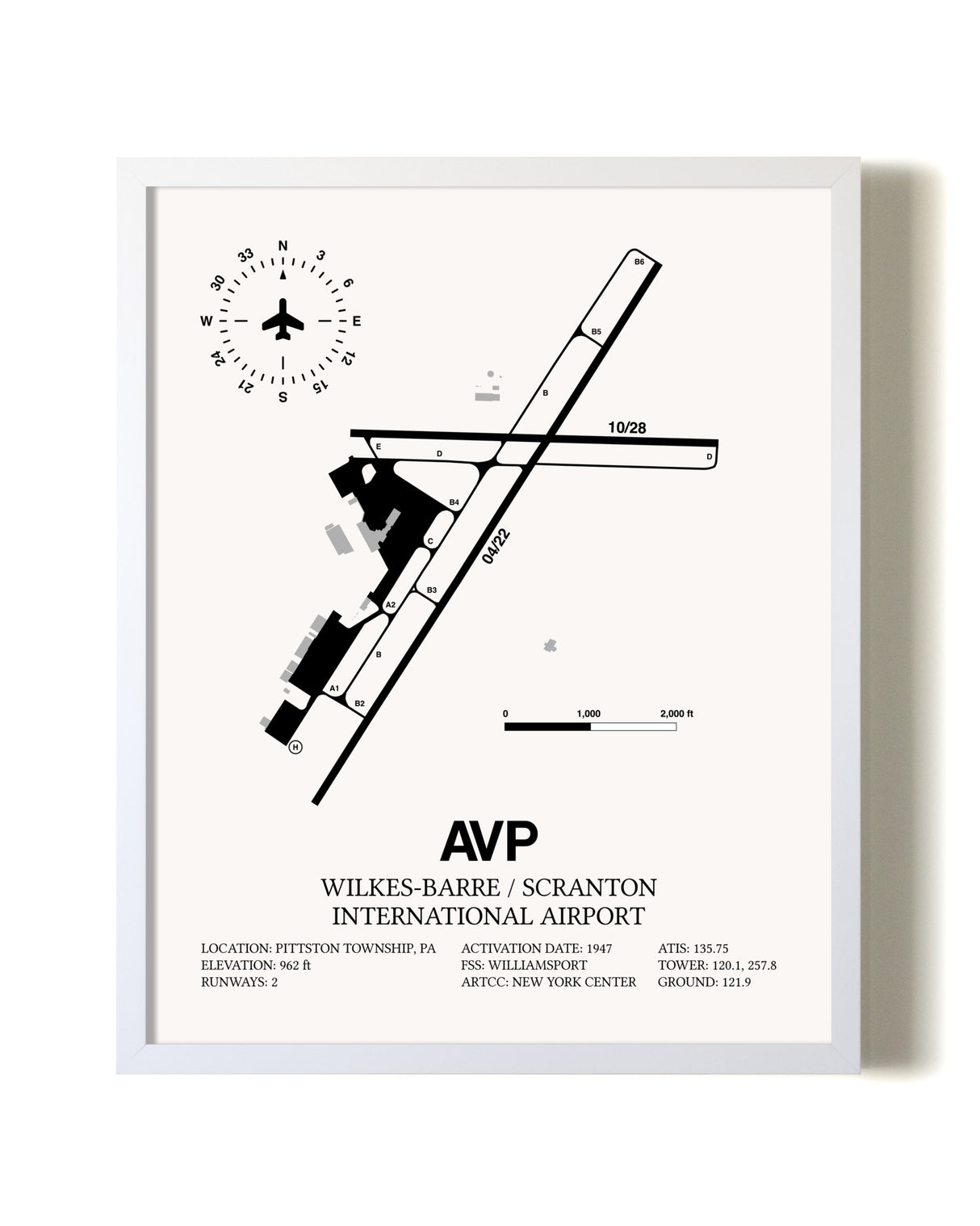 Wilkes-Barre / Scranton International Airport airport map poster in oak frame