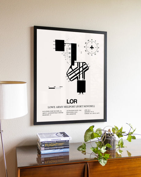 Lowe Army Heliport (Fort Novosel) aviation wall décor in black wood frame