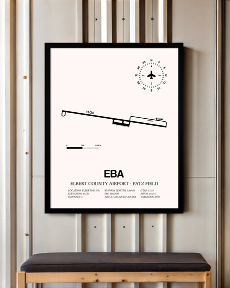 Elbert County Airport-Patz Field framed poster displayed in an airplane hangar