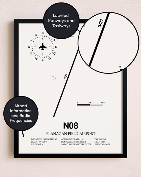 Framed Flanagan Field Airport layout wall art poster