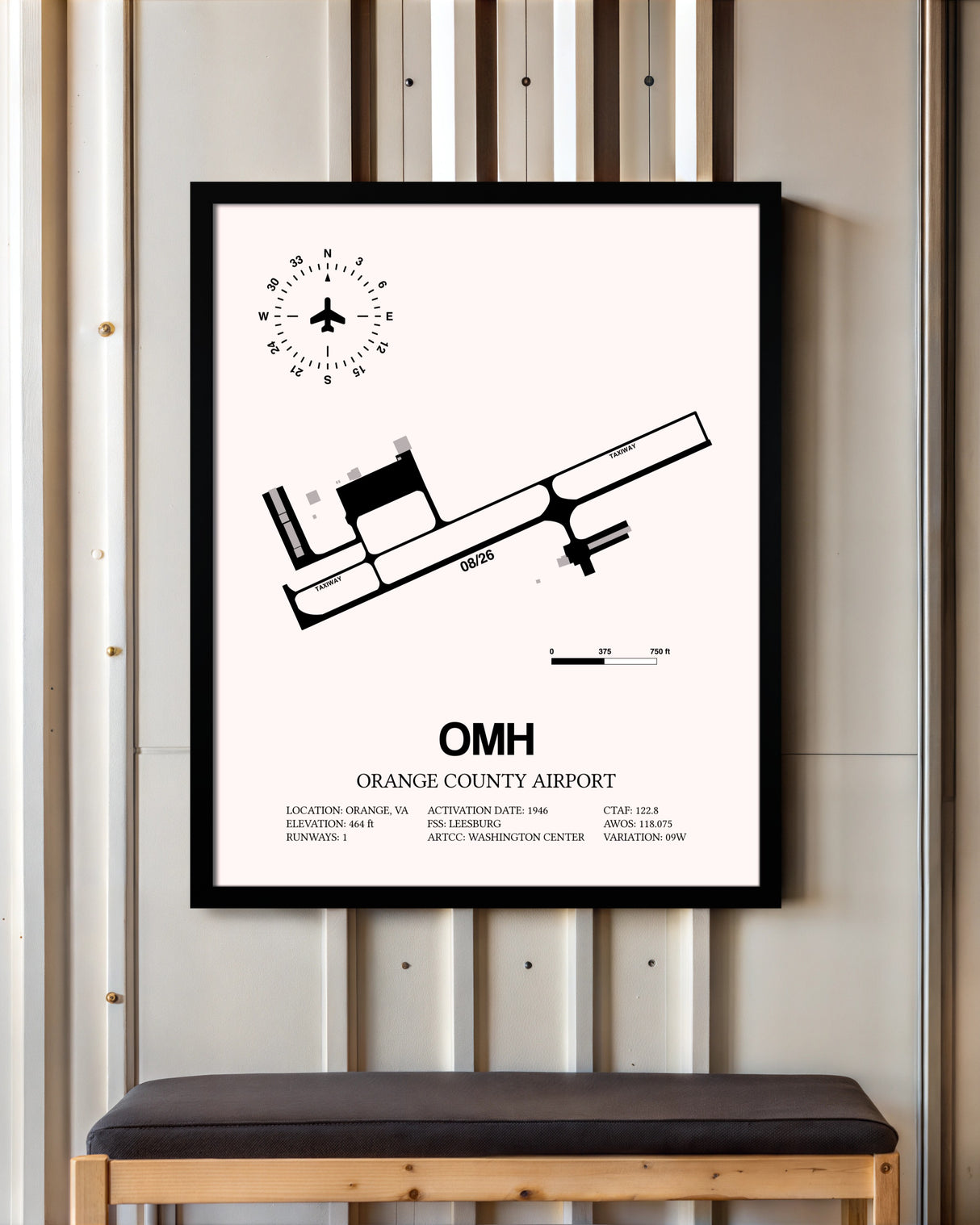 Orange County Airport framed poster displayed in an airplane hangar