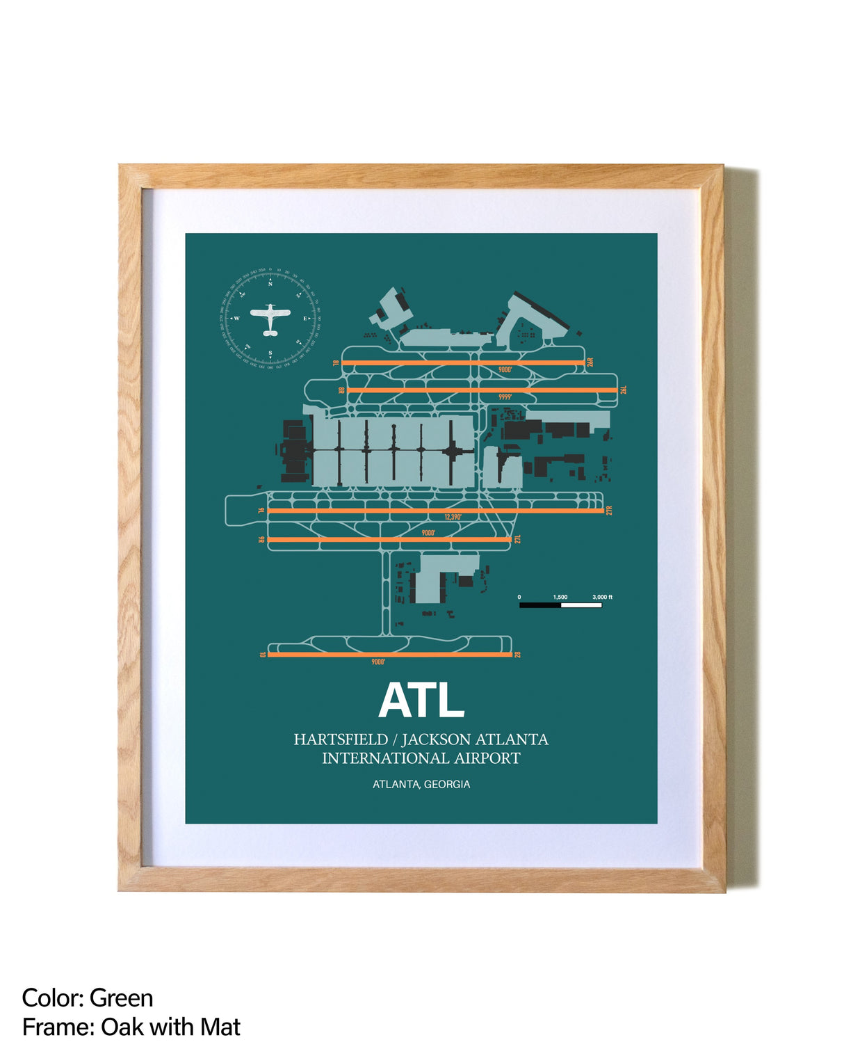 Hartsfield/Jackson Atlanta International Airport airport map poster in oak frame with mat