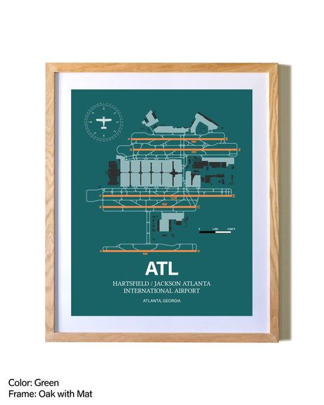 Hartsfield/Jackson Atlanta International Airport airport map poster in oak frame with mat