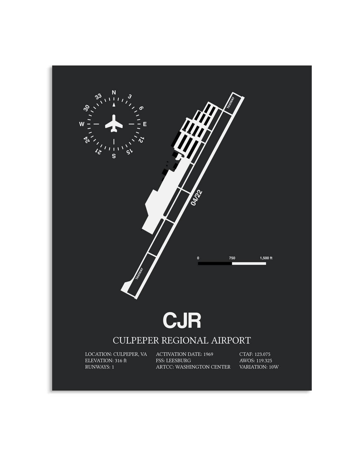 Gray Framed Culpeper Regional Airport layout wall art poster