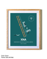 Northwest Arkansas National Airport airport map poster in oak frame with mat
