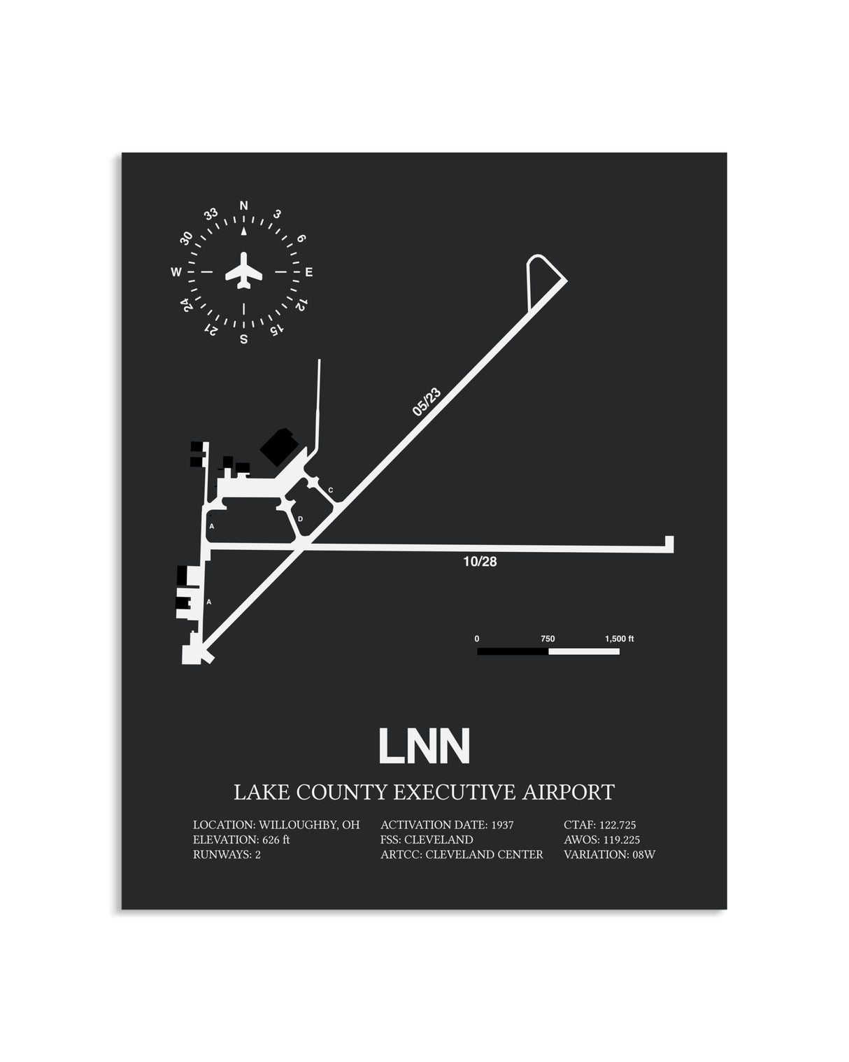 Gray Framed Lake County Executive Airport layout wall art poster