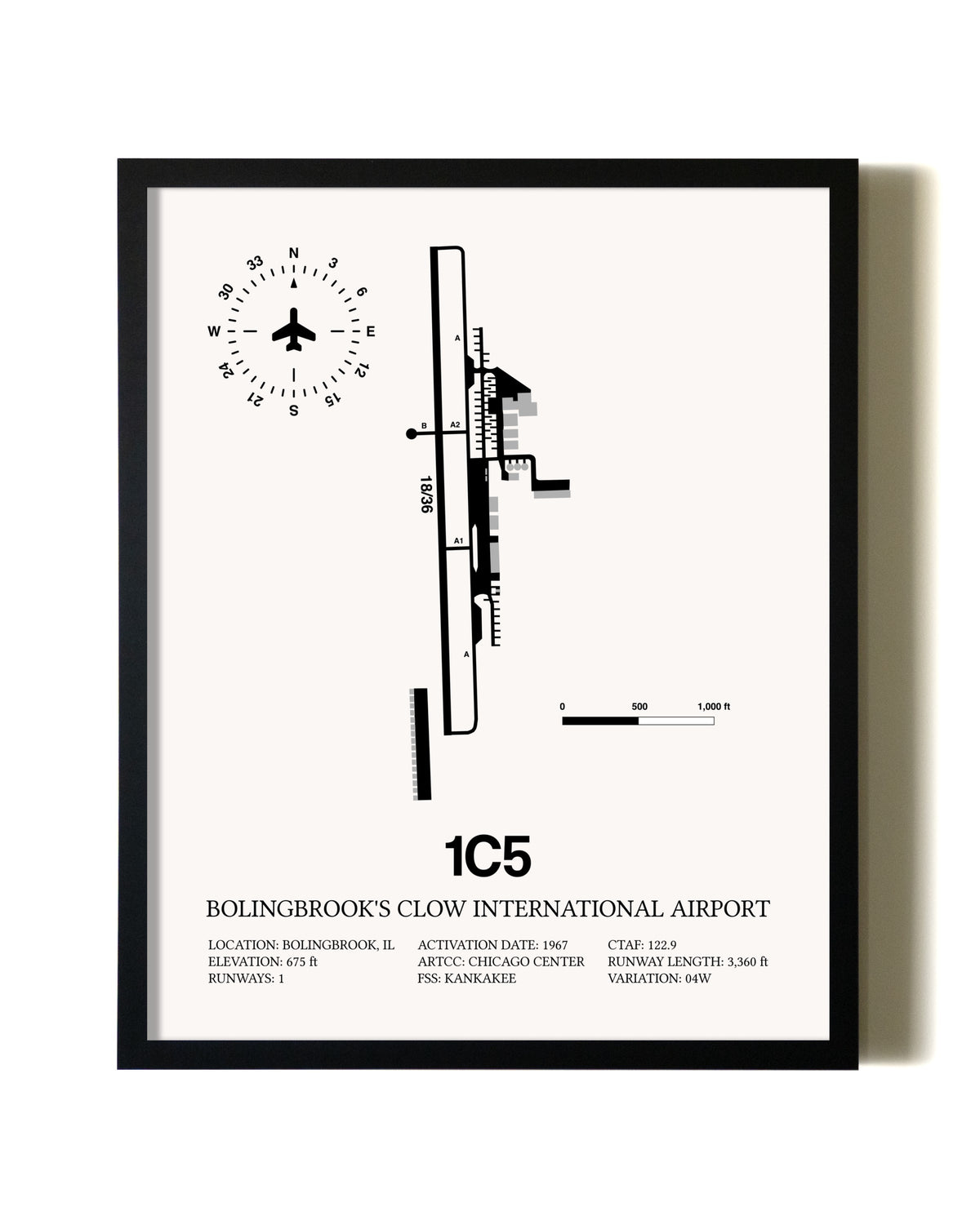 Framed Bolingbrook's Clow International Airport wall art poster in black frame