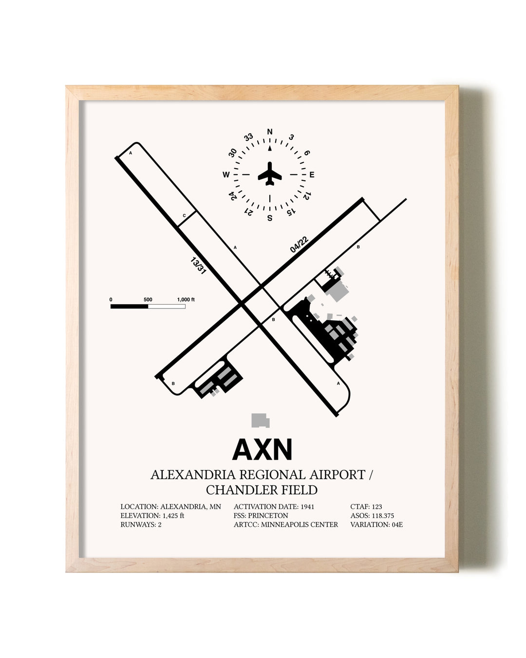Alexandria Regional Airport / Chandler Field framed wall art in white frame